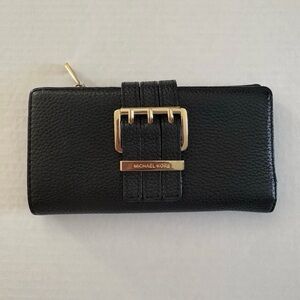 Michael Kors Black Pebbled Leather Continental Wallet with Gold Buckle